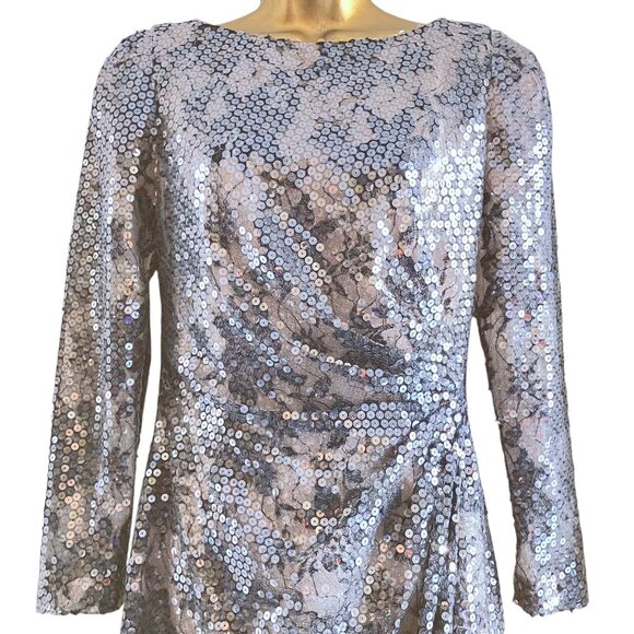 Vintage Plunge Back Mesh Lace Dress 8 Side Ruching Cocktail Formal Old Hollywood - Picture 3 of 9